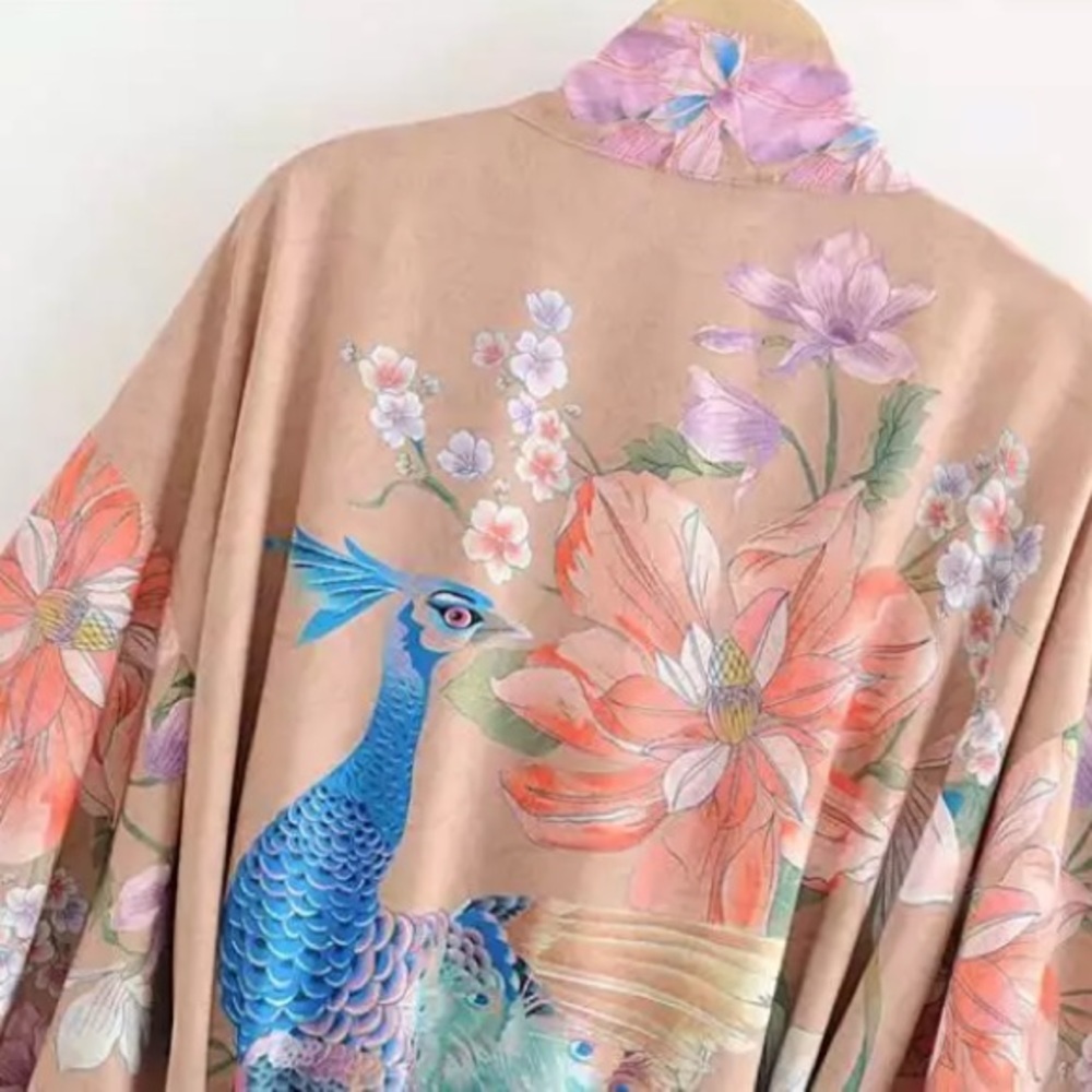 SOLD OUT Gypsy Bohemian Tan Floral Peacock Open Kimono Robe - Picture 12 of 12